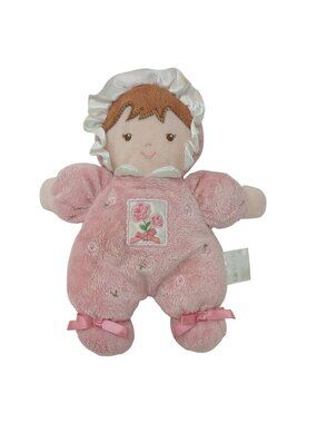 Carters Plush Pink Baby Doll Brown Hair Bonnet Embroidered Face 8" Lovey #D-49